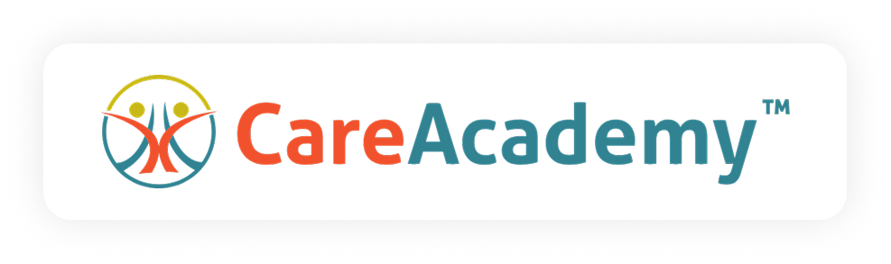 CareAcademy logo featuring two abstract human figures within a circular design on the left, followed by the words "CareAcademy" in orange and teal text.
