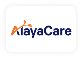 AlayaCare logo with the letter "A" stylized in orange to resemble a sprouting plant, while the rest of the text "layaCare" appears in dark blue.