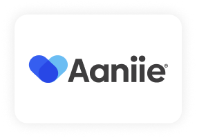 Logo with two overlapping heart shapes, one dark blue and one light blue, to the left of the word "Aaniie" written in bold, black letters with two dots above the "i"s on a white background.
