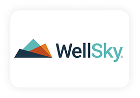 WellSky logo featuring three overlapping triangles in blue, teal, and orange to the left of the word "WellSky" written in bold font, with "Well" in dark blue and "Sky" in teal.