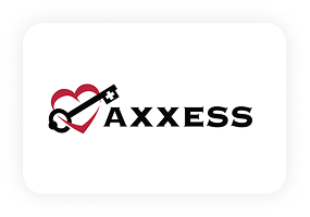 A logo with the word "AXXESS" in black text. To the left, a red heart is partially outlined, with a black key featuring a medical cross integrated into the heart shape.