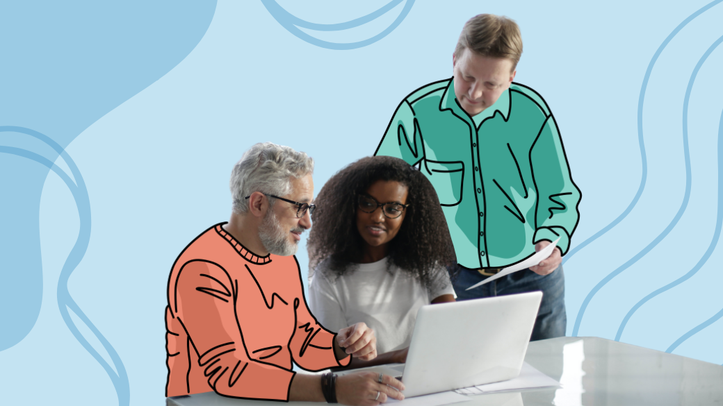 Three people collaborate at a desk with a laptop—two seated, one standing with papers. Vibrant illustrated outlines cover their clothing, set against a blue abstract background, reflecting teamwork in skilled nursing or caregiver onboarding.