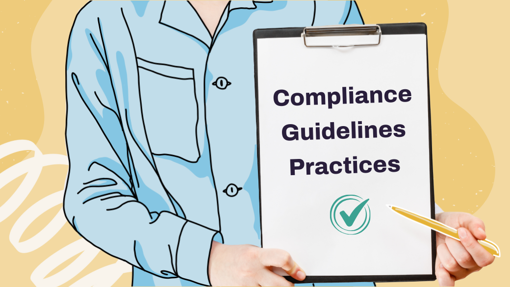 A person in a light blue shirt holds a clipboard displaying the words "Compliance Guidelines Practices" above a green checkmark, as nursing staff point at the clipboard with a pen, emphasizing skilled nursing standards.