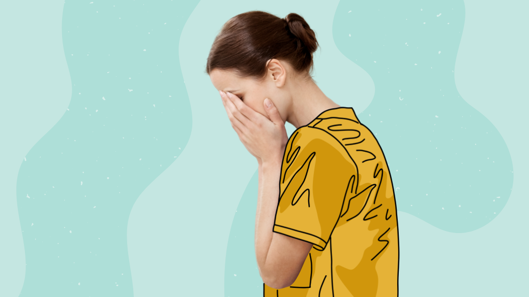 Illustration of a person with brown hair in a bun, wearing a yellow shirt, covering their face with both hands as if upset or stressed—capturing the emotional challenges often faced by nursing staff—set against a light blue background with abstract shapes.