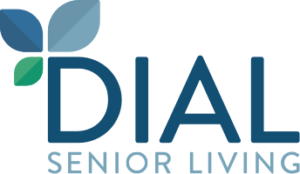 Logo for Dial Senior Living featuring a stylized blue and green leaf design to the left of the word "DIAL" in large blue letters, with "SENIOR LIVING" in smaller white letters below.