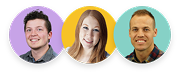 image-154 Three people are shown in circular profile photos with colorful backgrounds: a man with dark hair and a purple background, a woman with red hair and an orange background, and a man with short hair and a teal background.
