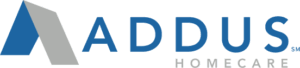 Addus HomeCare logo featuring a blue and gray stylized “A” shape to the left of the blue word “ADDUS,” with “HOMECARE” in smaller gray letters underneath.