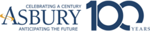Logo reads: "Celebrating a Century Asbury 100 Years - Anticipating the Future" with a gold swirl graphic through the letter "A" in "Asbury.