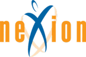The image shows the word "nexion" in orange lowercase letters, with the letter "x" stylized in blue and shaped like a person with outstretched arms. A faint heart shape is in the background.
