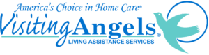 Logo for Visiting Angels Living Assistance Services featuring a blue and teal bird in flight, with the tagline "America’s Choice in Home Care" written above the company name.