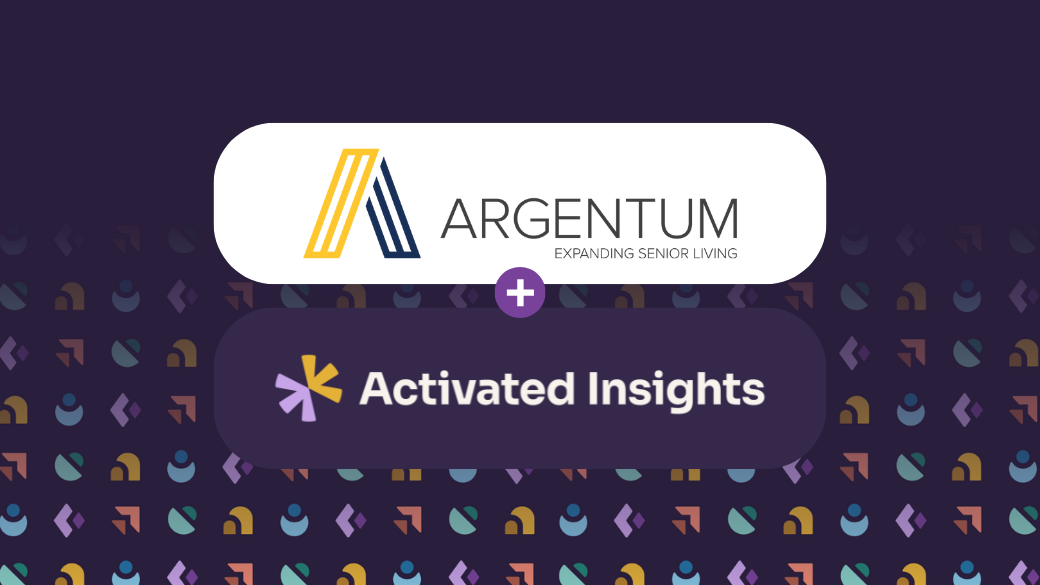 Logo of Argentum and Activated Insights on a dark background with colorful geometric patterns. Argentum&rsquo;s logo appears above, connected by a plus sign to the Activated Insights logo below.