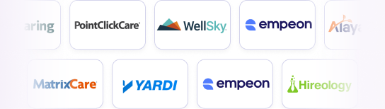 A grid of nine company logos, including PointClickCare, WellSky, empeon, MatrixCare, Yardi, and Hireology, displayed on a white background.