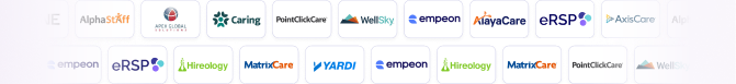 A row of various payroll and HR company logos, including AlphaStaff, Centricity, Netchex, WellSky, Empeon, EasyCare, eNSP, ApexCare, Homeboyz, MasterCare, VARDI, and others, displayed on a white background.
