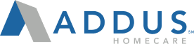 Addus HomeCare logo featuring a stylized blue and gray letter "A" followed by the word "ADDUS" in blue bold letters and "HOMECARE" in smaller gray letters underneath.