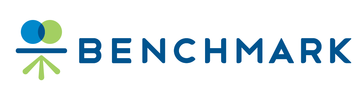 The image shows the word "BENCHMARK" in blue capital letters, next to a blue and green logo resembling overlapping circles above three lines, suggesting a stylized person or surveyor.