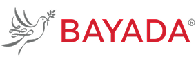 Logo for BAYADA, featuring a stylized gray dove holding an olive branch to the left of the company name "BAYADA" in bold red letters on a light background.