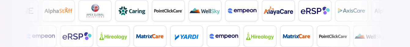 A row of healthcare-related company logos, including AlphaStaff, Caring, PointClickCare, WellSky, empeek, KayCare, enSPO, AxisCare, Hireology, MatrixCare, NARDI, and others, displayed on a white background.
