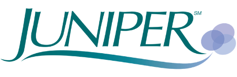 The image shows the word "JUNIPER" in teal, italicized uppercase letters. A blue swirl extends from the "J" ending in three overlapping blue circles on the right. The letters "SM" appear above the "R.