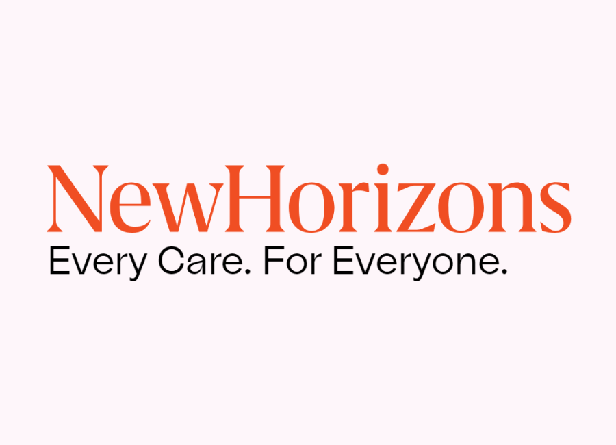 Logo with the words 'New Horizons' in orange and 'Every Care. For Everyone.' in black on a light background.