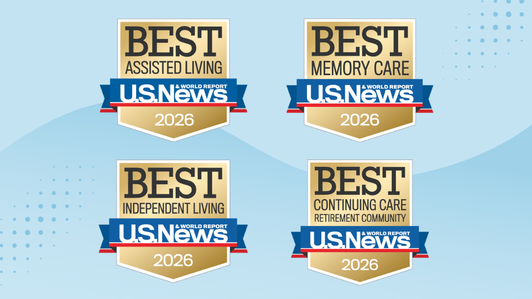 Four gold and blue badge graphics from U.S. News & World Report for 2026 highlight excellence in assisted living, memory care, independent living, and continuing care—ideal credentials to showcase in digital advertising or feature in positive online reviews.