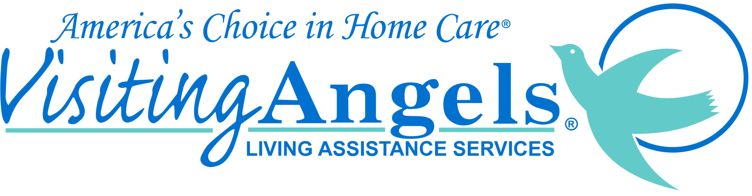 Logo for “Visiting Angels Living Assistance Services” with a blue bird graphic and the tagline “America’s Choice in Home Care” above the company name in blue and teal text.
