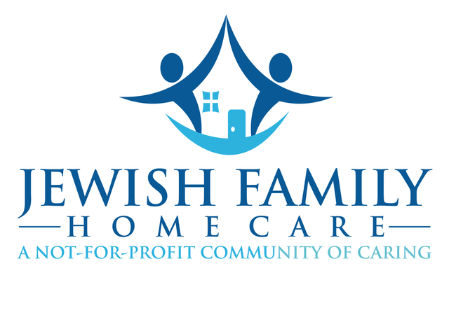 Logo for Jewish Family Home Care featuring two abstract human figures forming a house shape above the text "Jewish Family Home Care" and the tagline "A Not-For-Profit Community of Caring.