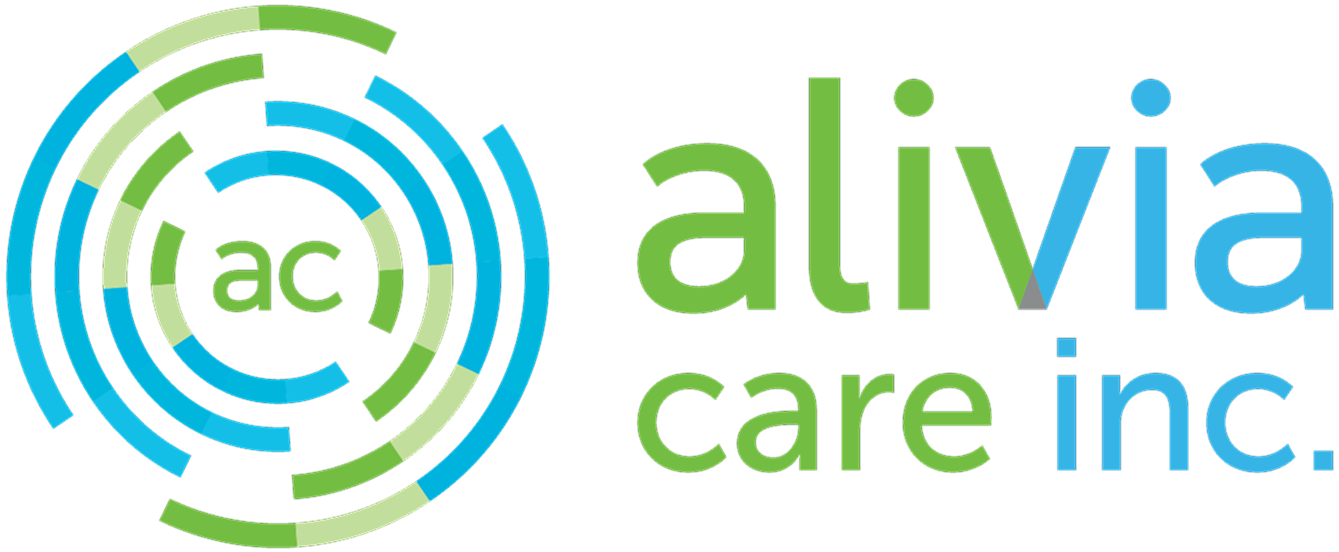 Alivia Care Inc. logo with "ac" inside circular green and blue lines on the left, and "alivia care inc." in green and blue text on the right.