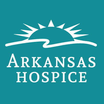 Arkansas Hospice logo with a stylized white sun rising over a curved horizon on a teal background, with "Arkansas Hospice" in bold white letters below the image.
