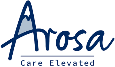 Arosa logo with the word "Arosa" in blue script, featuring a stylized mountain in the letter "A." Below, a horizontal line separates the tagline "Care Elevated" in blue uppercase letters.