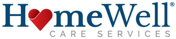 HomeWell Care Services logo, with the "o" in "Home" replaced by a red heart shape. The words "CARE SERVICES" appear below in gray capital letters.