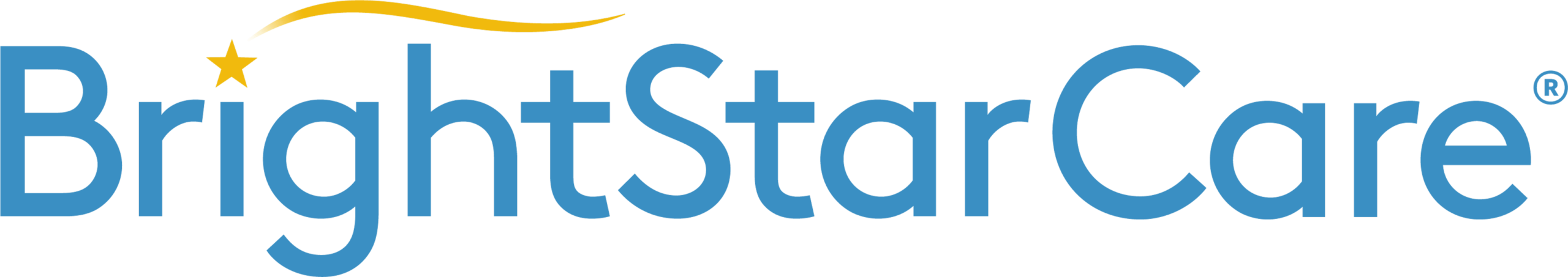 BrightStar Care logo with "BrightStarCare" in blue text. A yellow star replaces the dot over the "i," with a yellow swoosh above "Bright," and a registered trademark symbol by "Care.