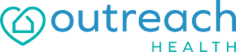 Logo for Outreach Health featuring a teal heart with a house icon inside, followed by the word "outreach" in blue lowercase letters and "HEALTH" beneath in smaller teal uppercase letters.