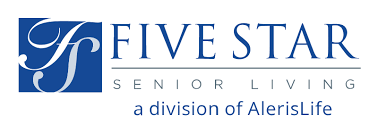 Logo for Five Star Senior Living, a division of AlerisLife. The design features a stylized "F" in a blue square on the left, with the company name in blue text to the right.