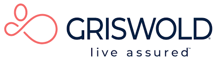 Logo for Griswold featuring a flowing red line forming a heart shape on the left, with the words "GRISWOLD" in bold blue letters and the tagline "live assured" in lowercase beneath it.