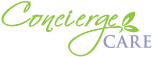 Logo with the words "Concierge Care" in script and serif fonts; "Concierge" is green with a leaf accent, while "CARE" is in light purple uppercase letters.