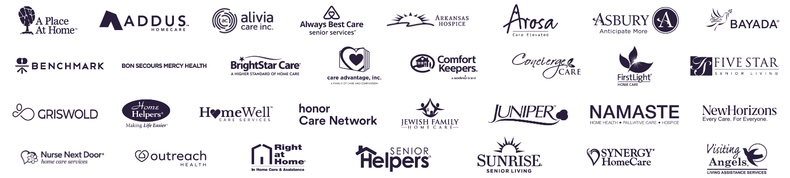 A collection of 30 logos for various home care and hospice service providers, arranged in four rows on a white background. Each logo features distinct typography and iconography.